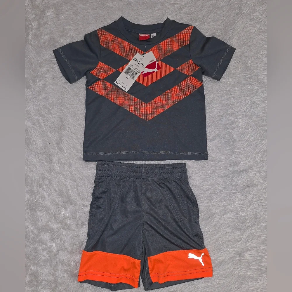 NewbPuma Kids Gray and Orange Shirt & Shorts Set sz 2T